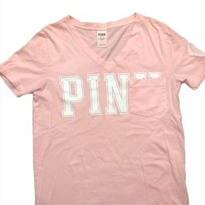 VS PINK Campus Pocket Tee size small COTTON CANDY PINK with white lettering.